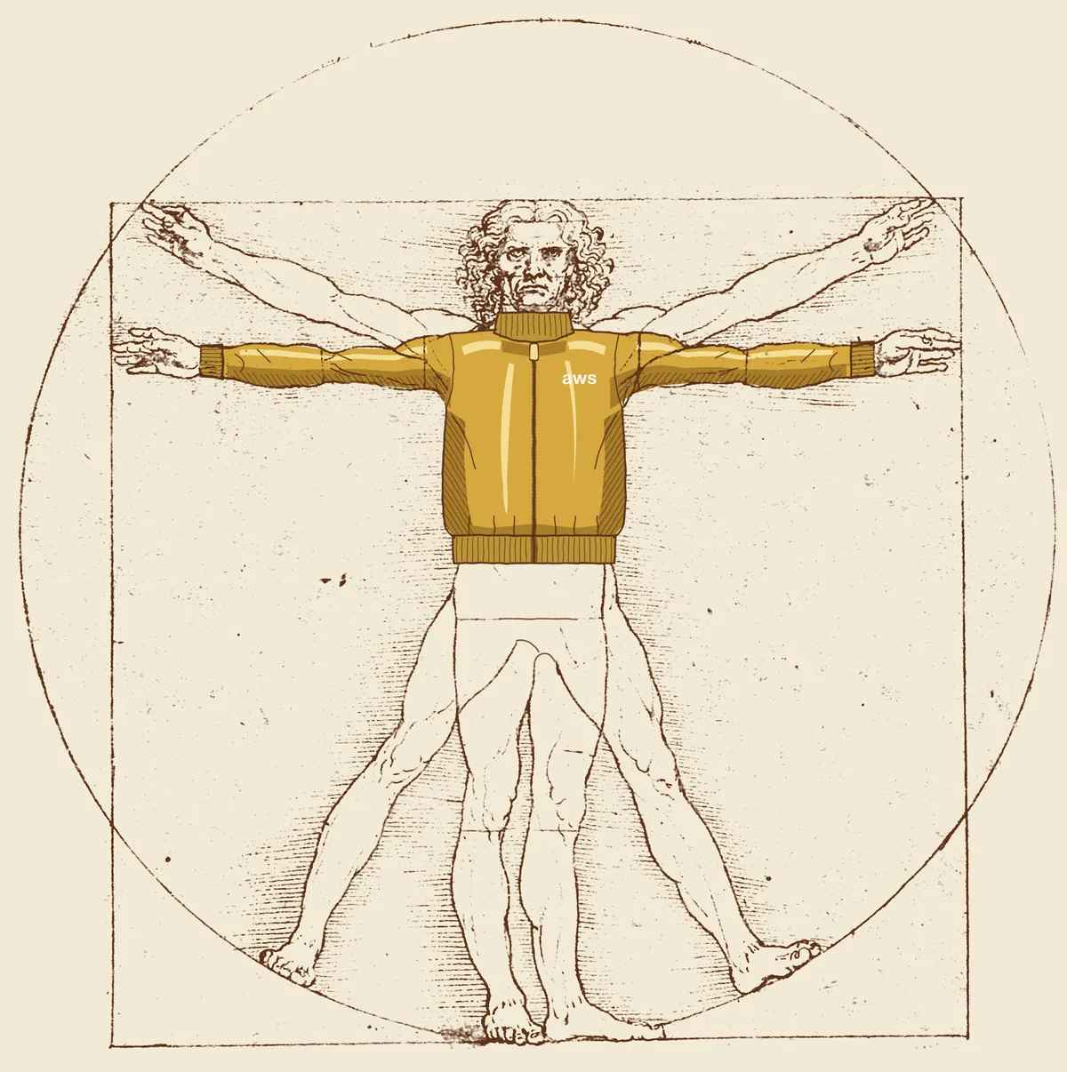 Leonardo da Vinci’s Vitruvian Man in his circle and square, the man with his arms out level wearing a gold AWS jacket.